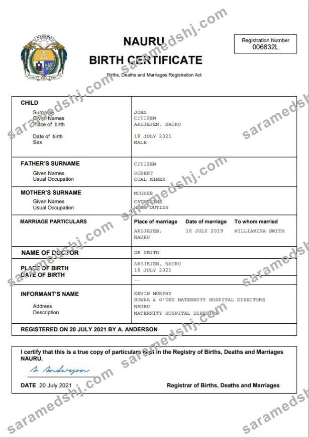 Nauru vital record birth certificate Word and PDF template